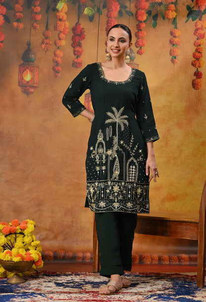 Bottle Green Kurta Set with Zardozi, Dabka, Sequin, Thread, and Pearl Work