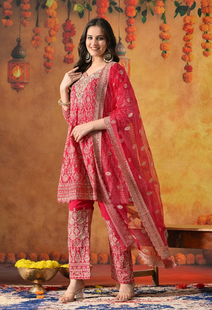 Hot Pink Kurta Set with Zardozi, Mirror & Pearl Work.