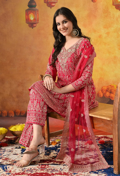 Hot Pink Kurta Set with Zardozi, Mirror & Pearl Work.