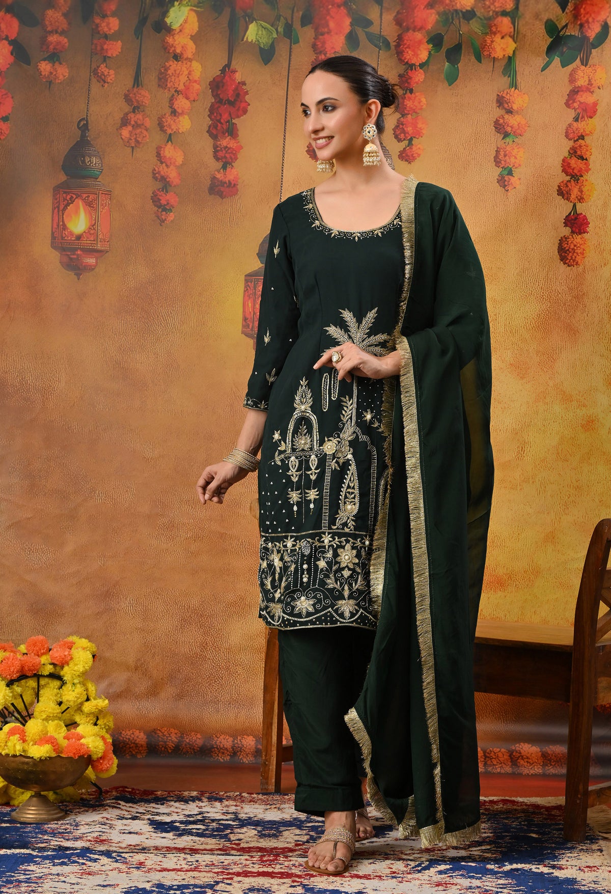 Bottle Green Kurta Set with Zardozi, Dabka, Sequin, Thread, and Pearl Work