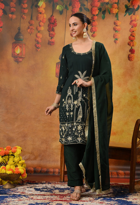 Bottle Green Kurta Set with Zardozi, Dabka, Sequin, Thread, and Pearl Work