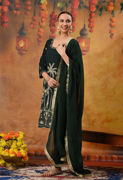 Bottle Green Kurta Set with Zardozi, Dabka, Sequin, Thread, and Pearl Work