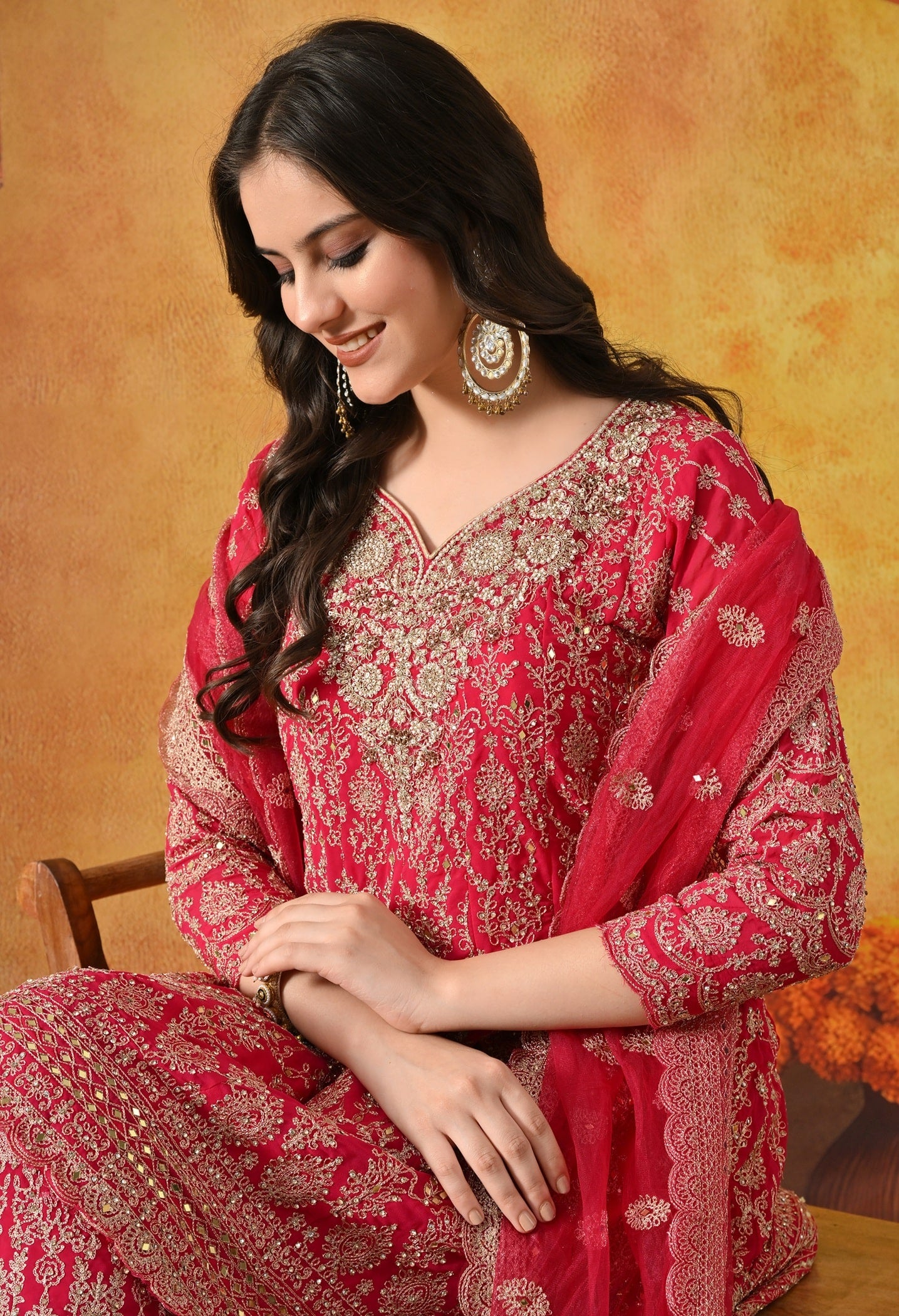 Hot Pink Kurta Set with Zardozi, Mirror & Pearl Work.