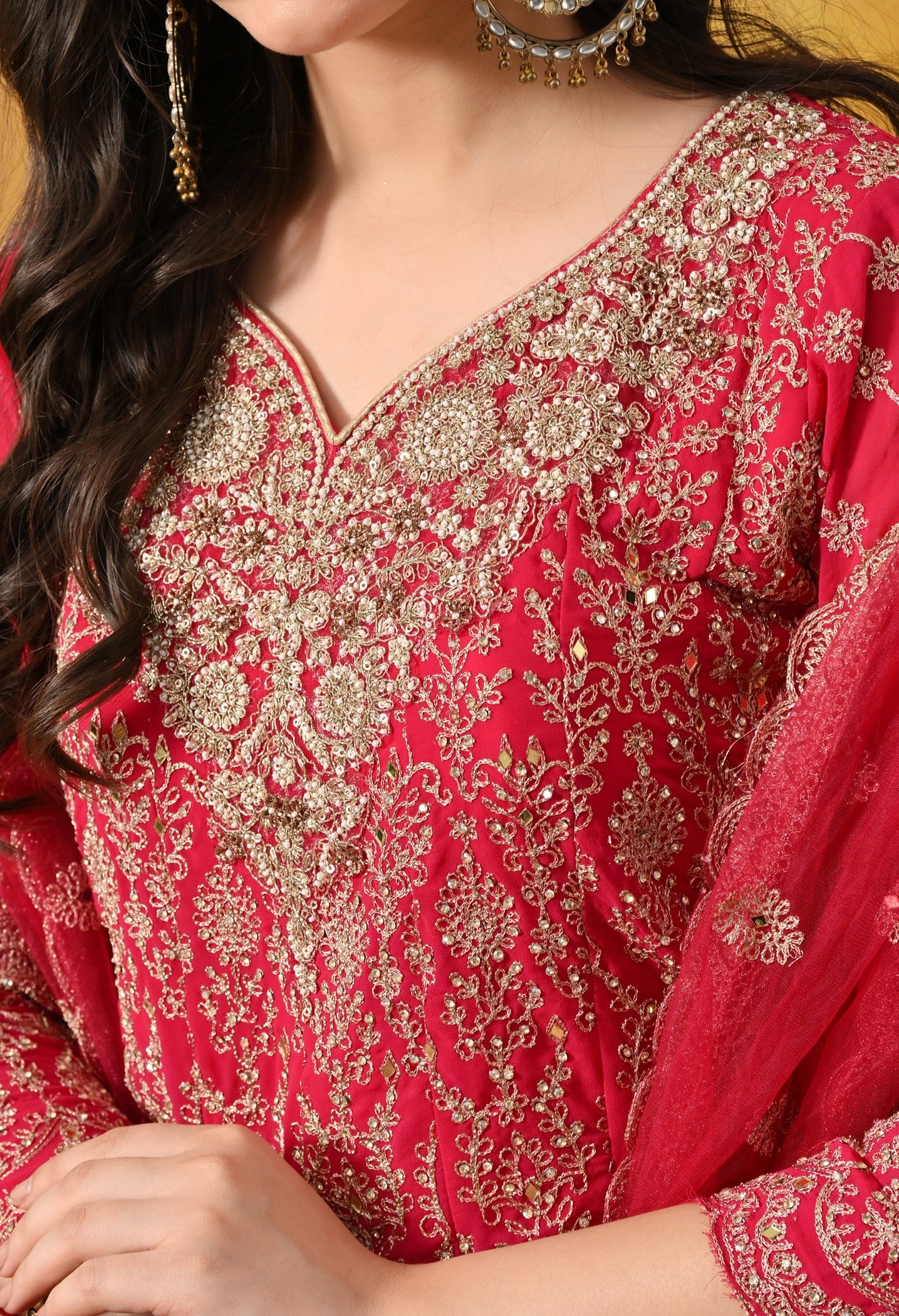 Hot Pink Kurta Set with Zardozi, Mirror & Pearl Work.