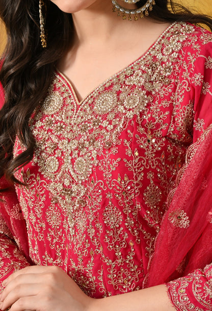 Hot Pink Kurta Set with Zardozi, Mirror & Pearl Work.