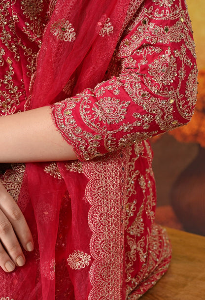 Hot Pink Kurta Set with Zardozi, Mirror & Pearl Work.