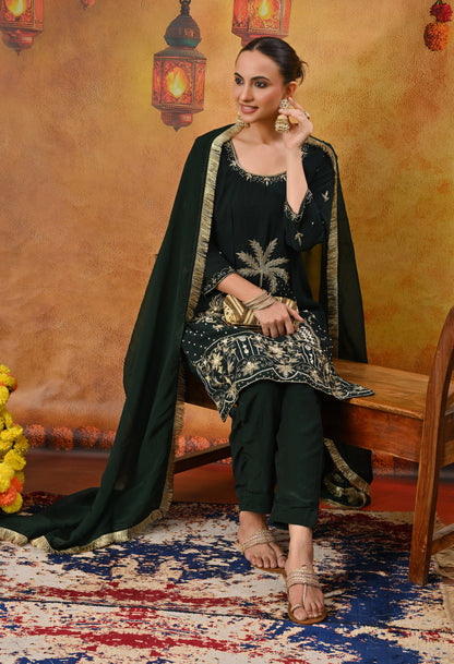 Bottle Green Kurta Set with Zardozi, Dabka, Sequin, Thread, and Pearl Work