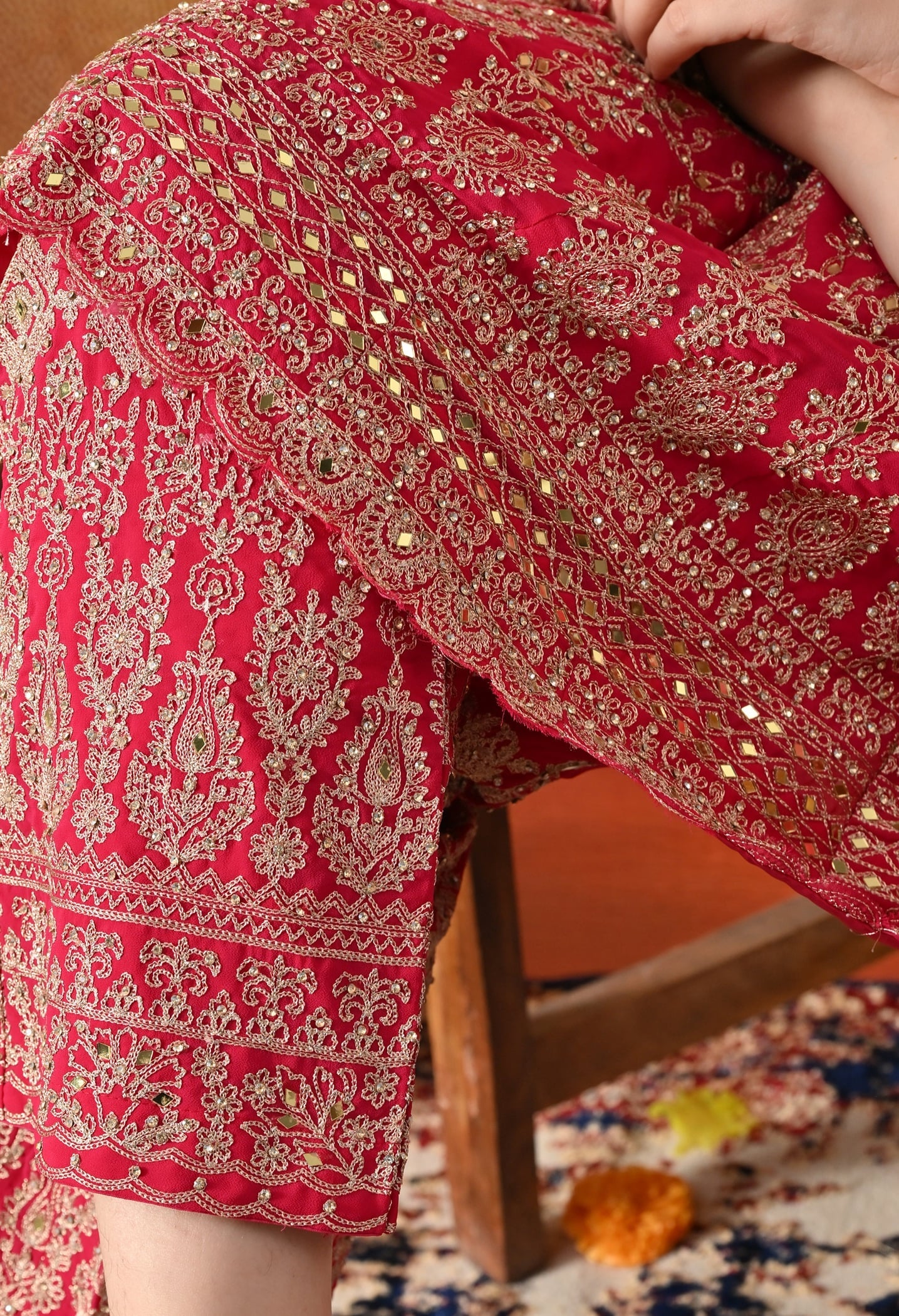 Hot Pink Kurta Set with Zardozi, Mirror & Pearl Work.