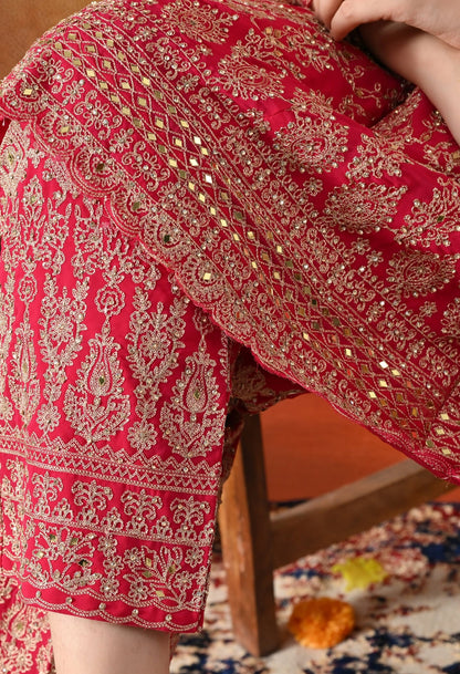Hot Pink Kurta Set with Zardozi, Mirror & Pearl Work.