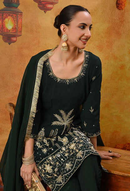 Bottle Green Kurta Set with Zardozi, Dabka, Sequin, Thread, and Pearl Work