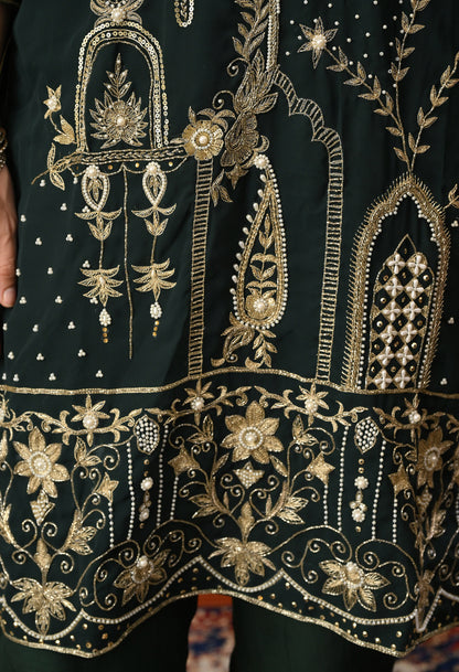Bottle Green Kurta Set with Zardozi, Dabka, Sequin, Thread, and Pearl Work