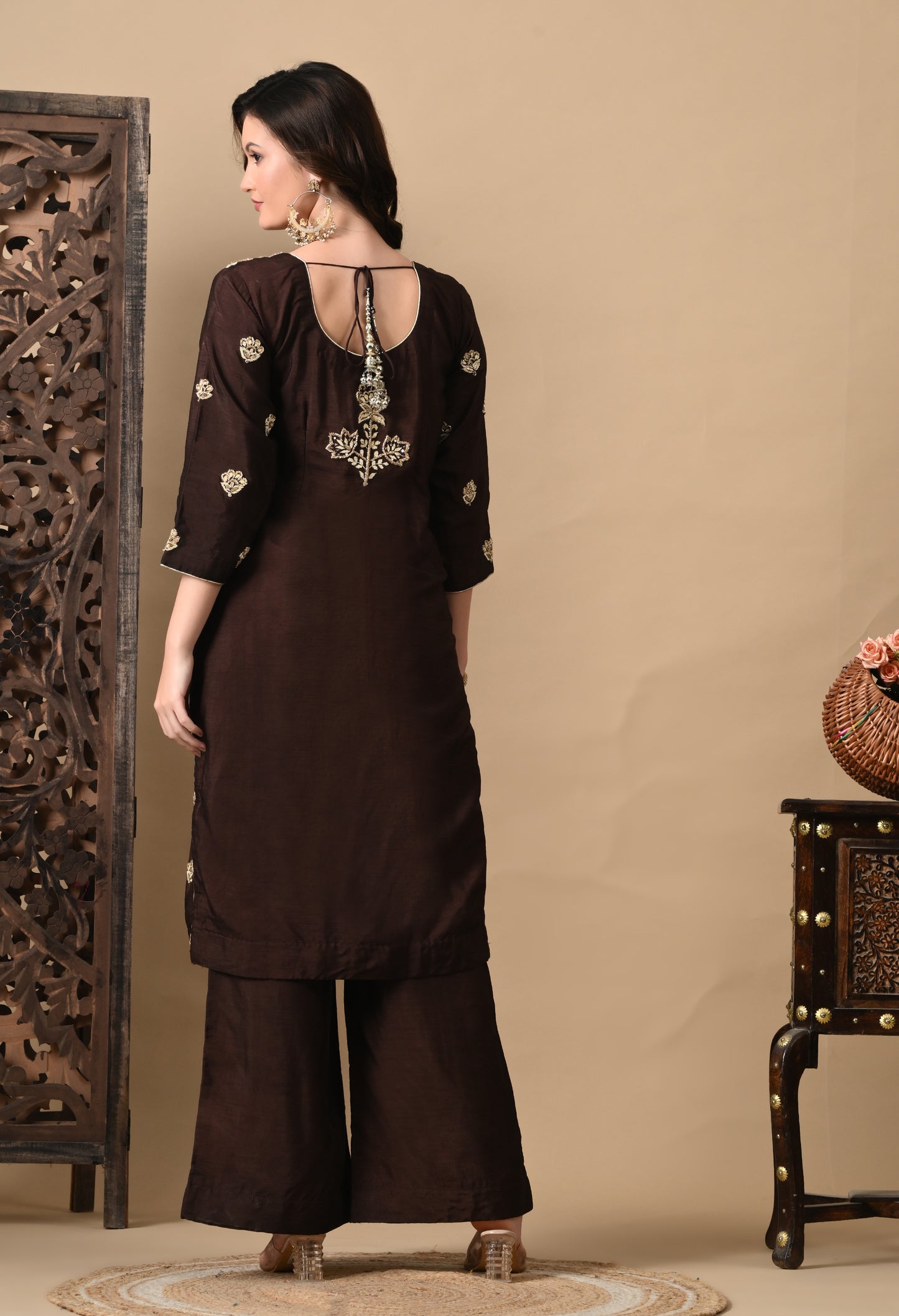 Chocolate Brown Kurta Set with Beautiful Zardozi, Tilla, and Sequence Work