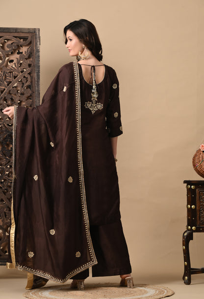 Chocolate Brown Kurta Set with Beautiful Zardozi, Tilla, and Sequence Work