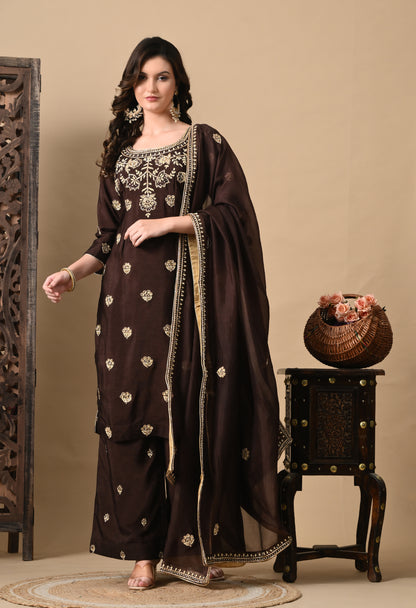 Chocolate Brown Kurta Set with Beautiful Zardozi, Tilla, and Sequence Work