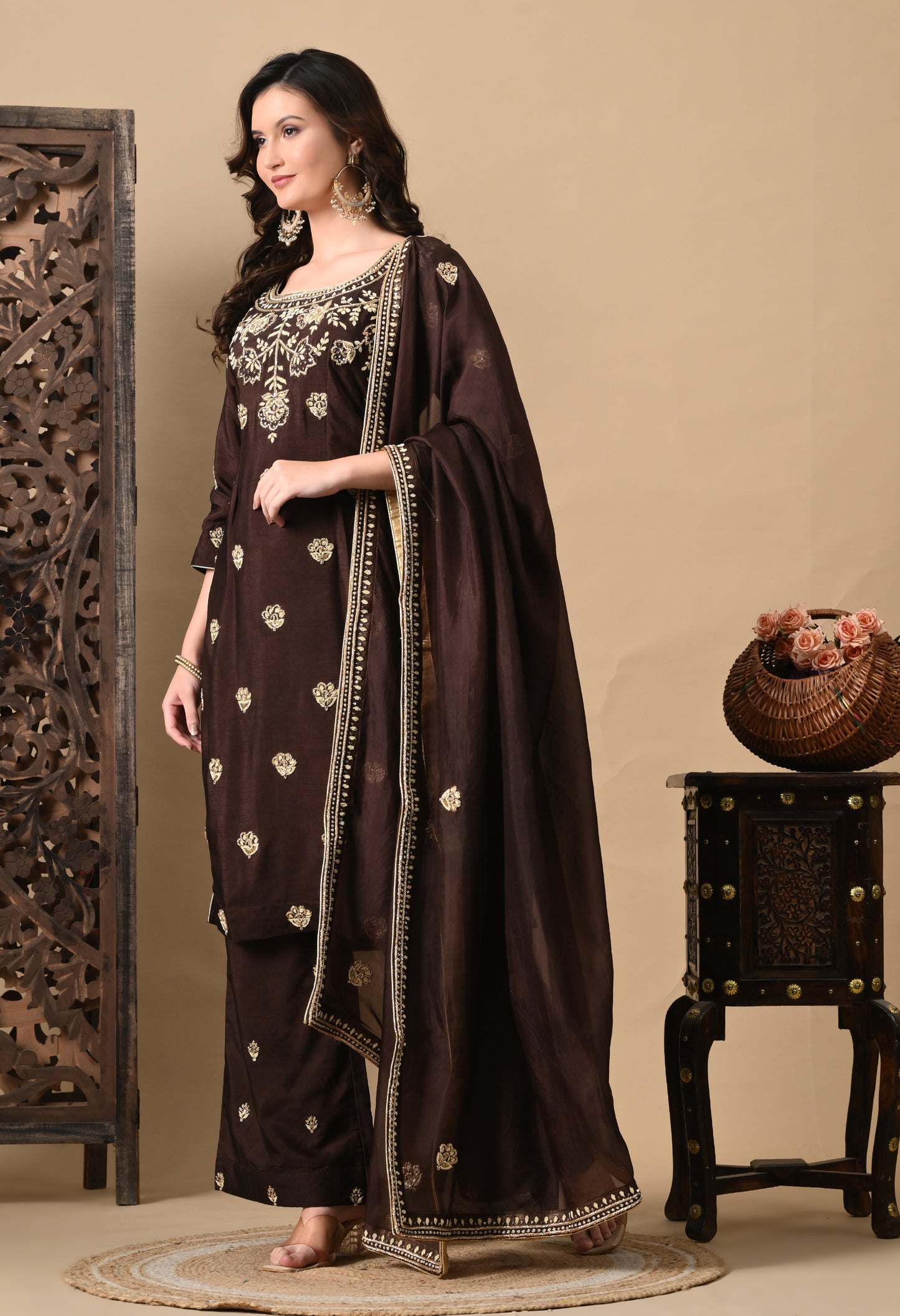 Chocolate Brown Kurta Set with Beautiful Zardozi, Tilla, and Sequence Work