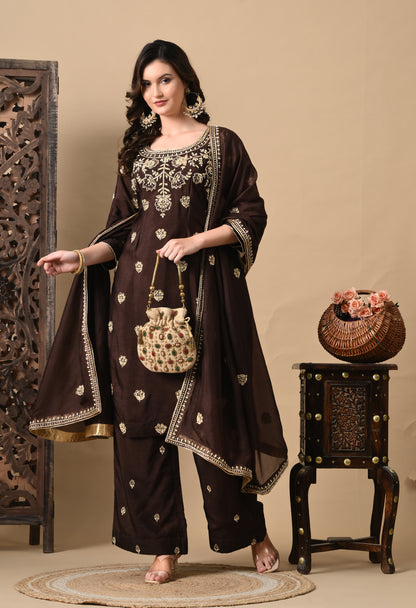 Chocolate Brown Kurta Set with Beautiful Zardozi, Tilla, and Sequence Work