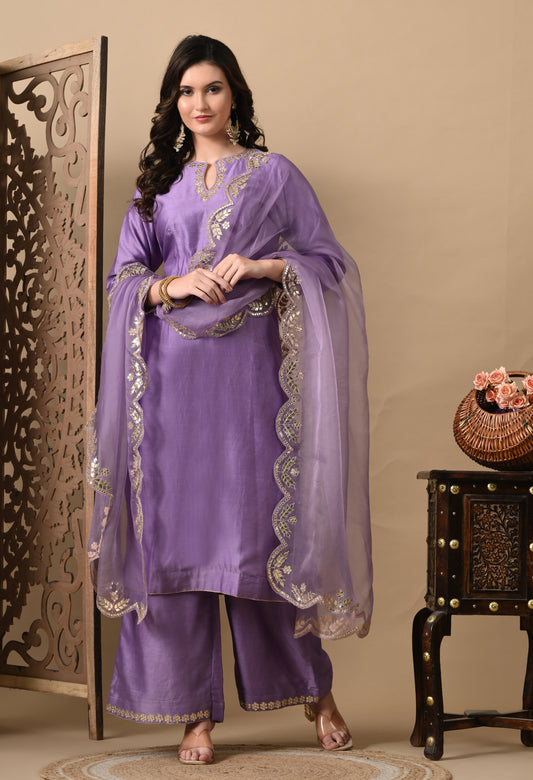 Elegant Orchid Purple Silk Kurta Set, Embellished with Exquisite Zardozi and Gotta Embroidery