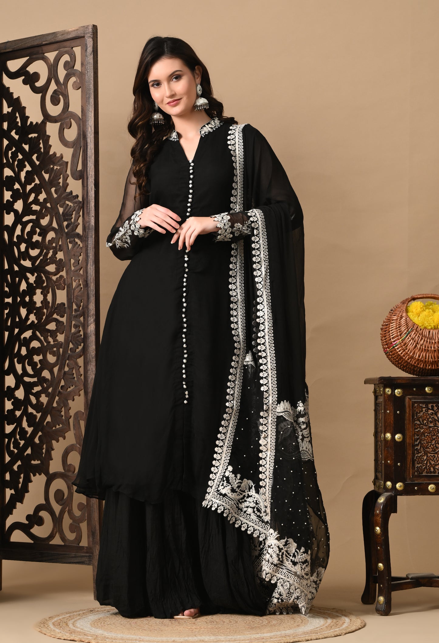 Mesmerising Black Sharara Set with Beautiful Thread & Pearl Work