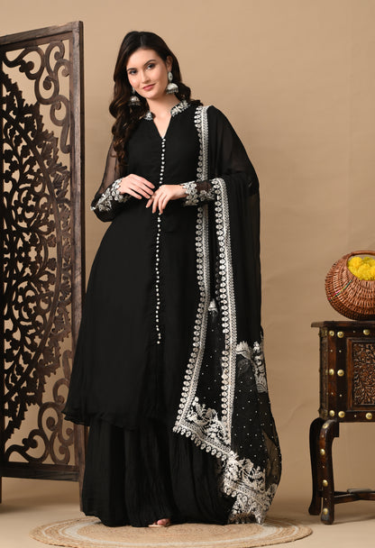 Mesmerising Black Sharara Set with Beautiful Thread & Pearl Work