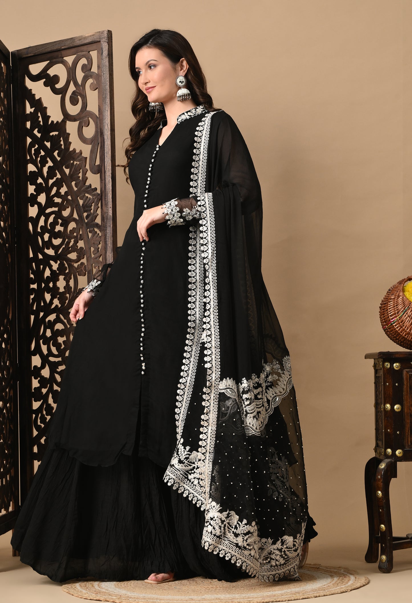 Mesmerising Black Sharara Set with Beautiful Thread & Pearl Work