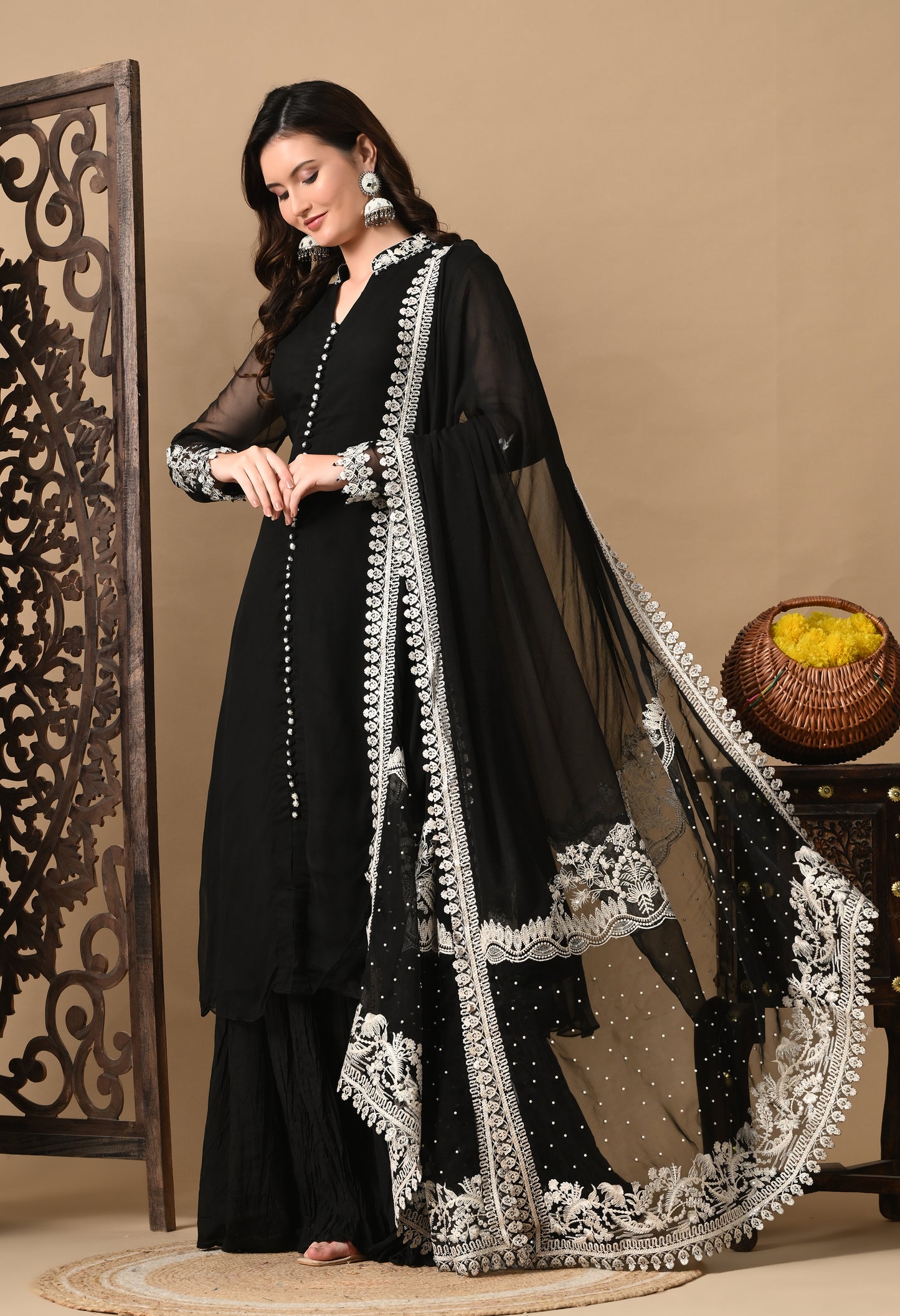 Mesmerising Black Sharara Set with Beautiful Thread & Pearl Work