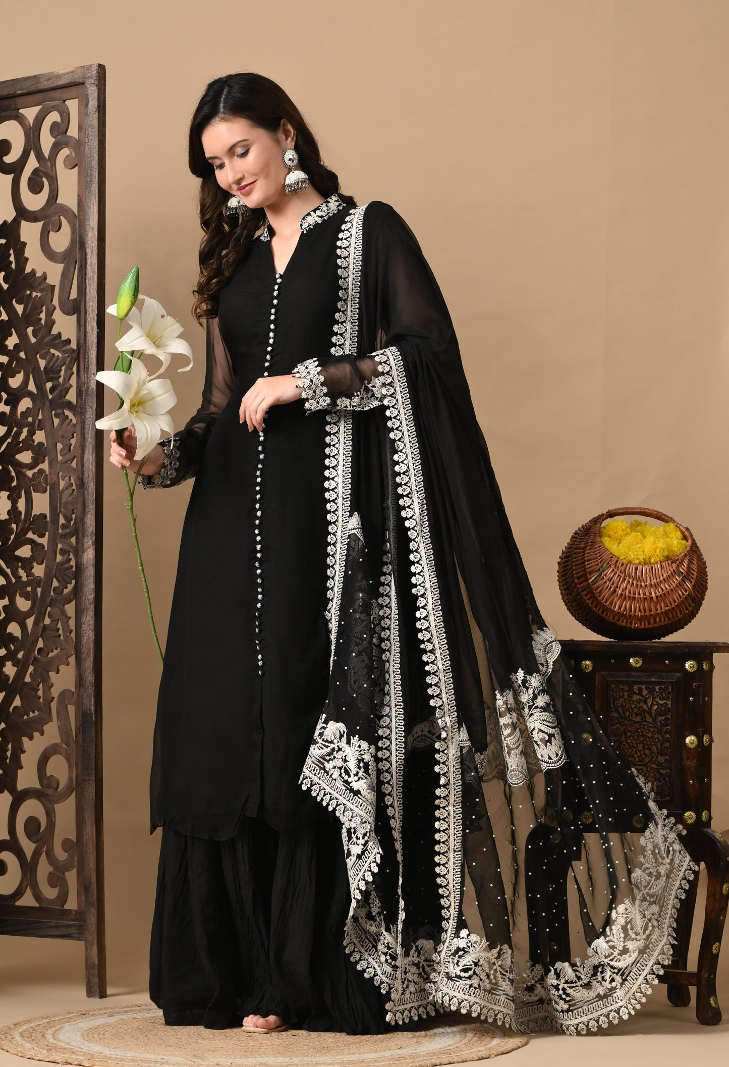 Mesmerising Black Sharara Set with Beautiful Thread & Pearl Work