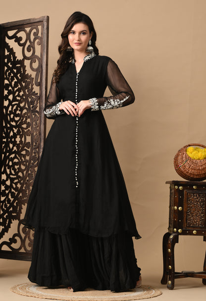 Mesmerising Black Sharara Set with Beautiful Thread & Pearl Work