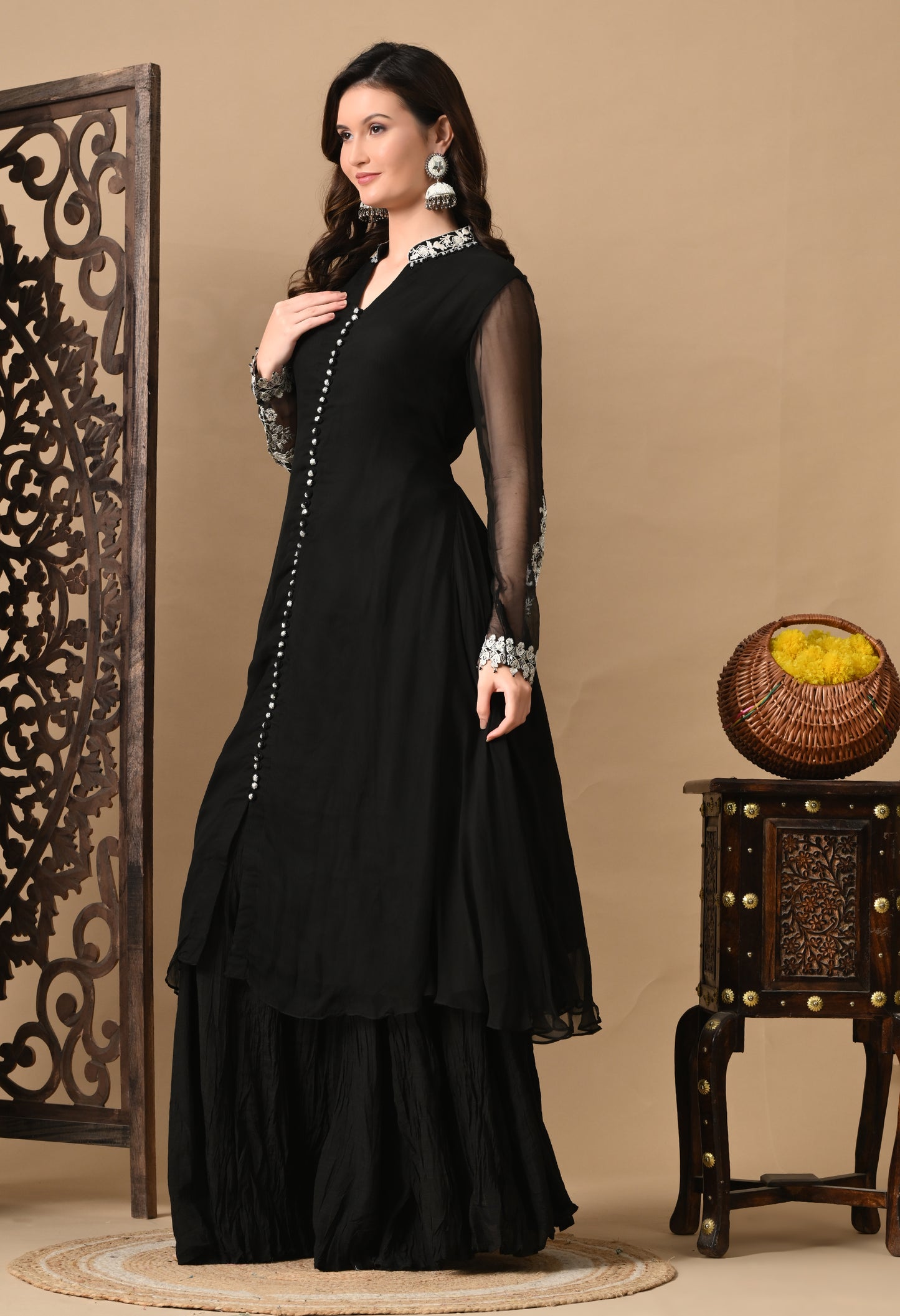Mesmerising Black Sharara Set with Beautiful Thread & Pearl Work