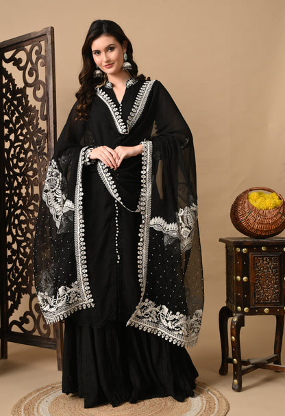 Mesmerising Black Sharara Set with Beautiful Thread & Pearl Work