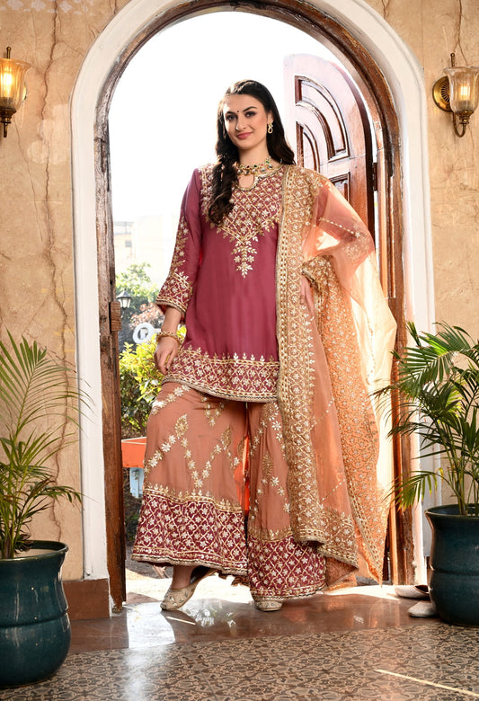Brown and Dark Peach Sharara Set with Gotta and Pearl work.
