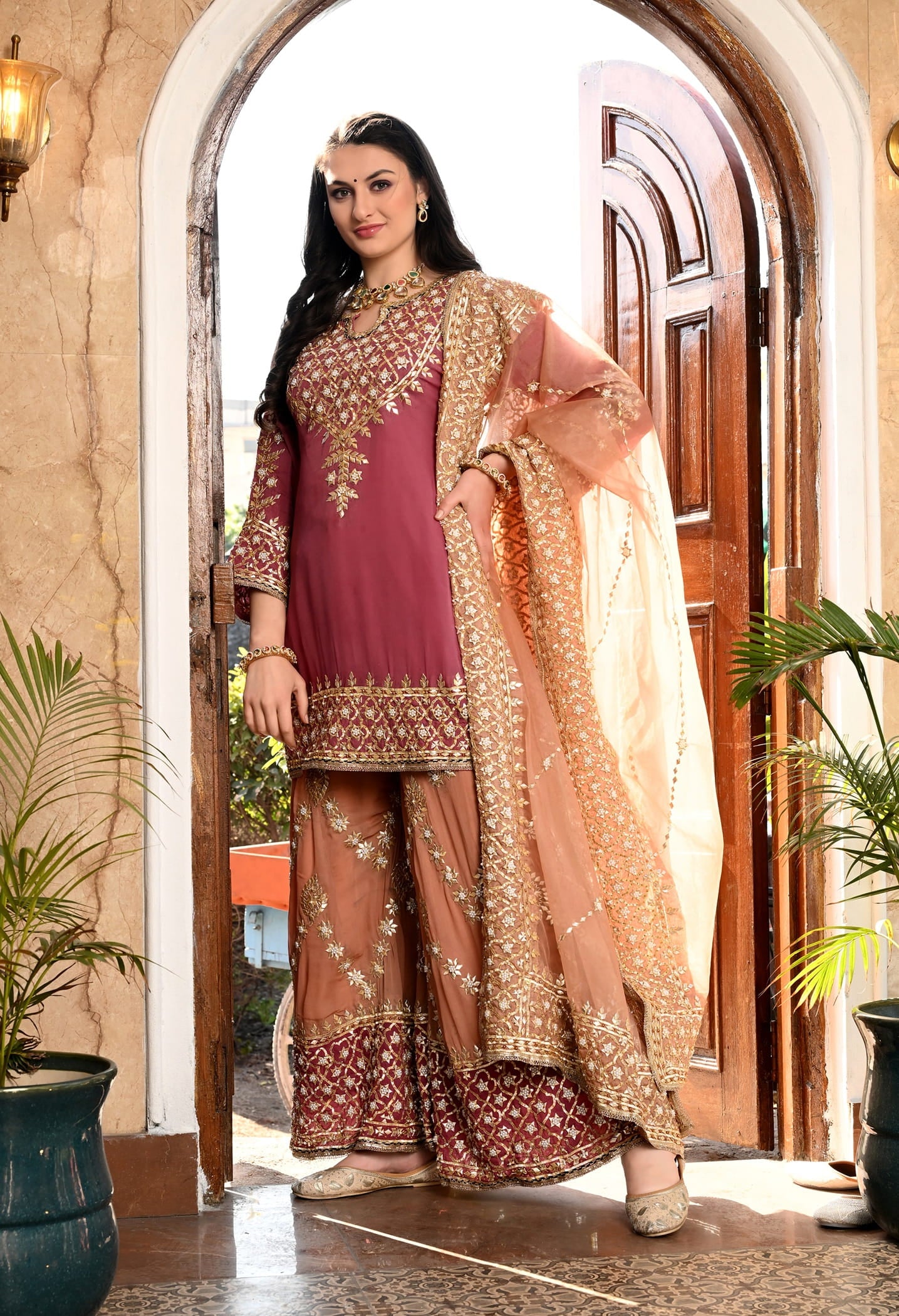 Brown and Dark Peach Sharara Set with Gotta and Pearl work.