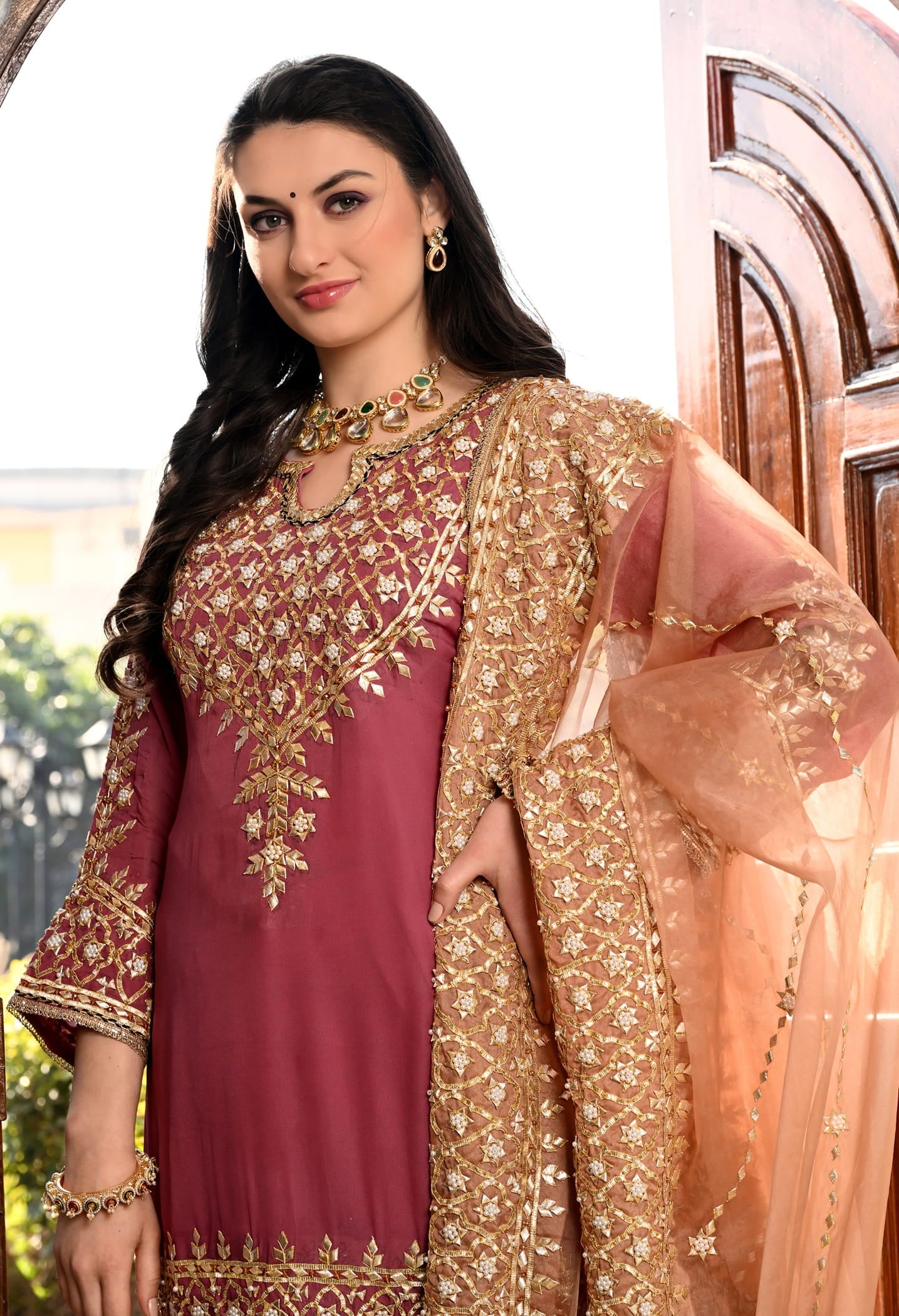 Brown and Dark Peach Sharara Set with Gotta and Pearl work.
