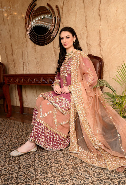 Brown and Dark Peach Sharara Set with Gotta and Pearl work.