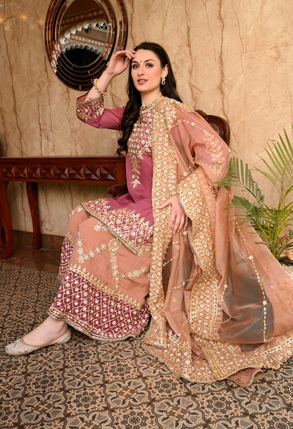 Brown and Dark Peach Sharara Set with Gotta and Pearl work.