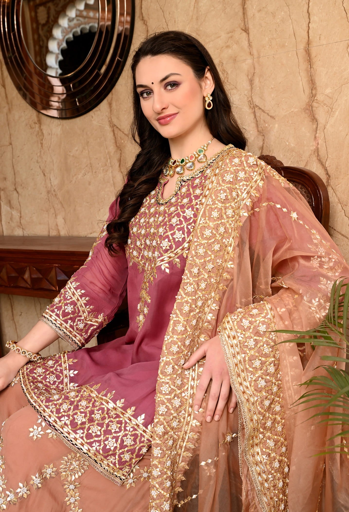 Brown and Dark Peach Sharara Set with Gotta and Pearl work.