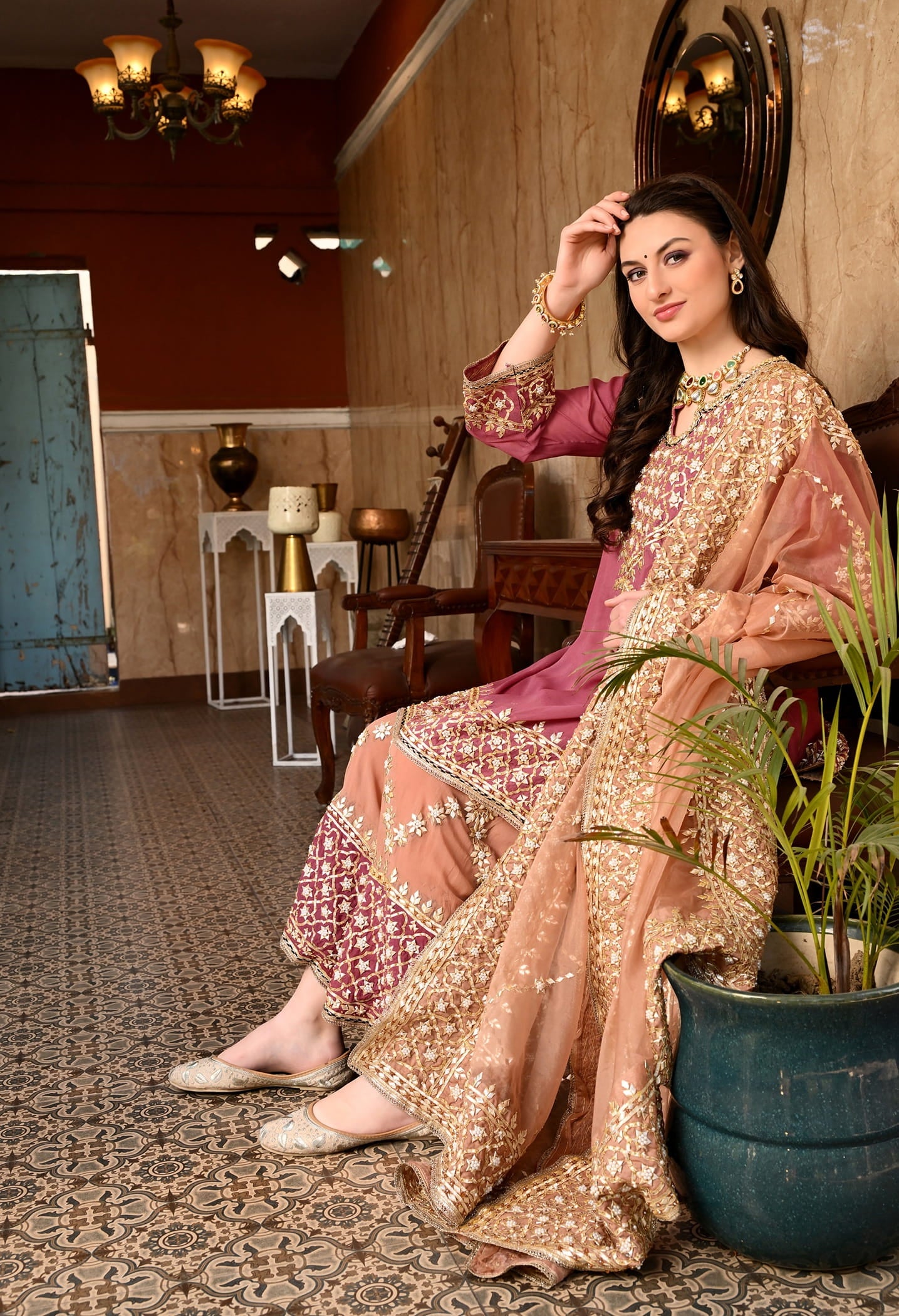 Brown and Dark Peach Sharara Set with Gotta and Pearl work.