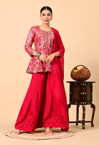 Reddish Pink Sharara Set with Peplum on Kurta and Thread Work