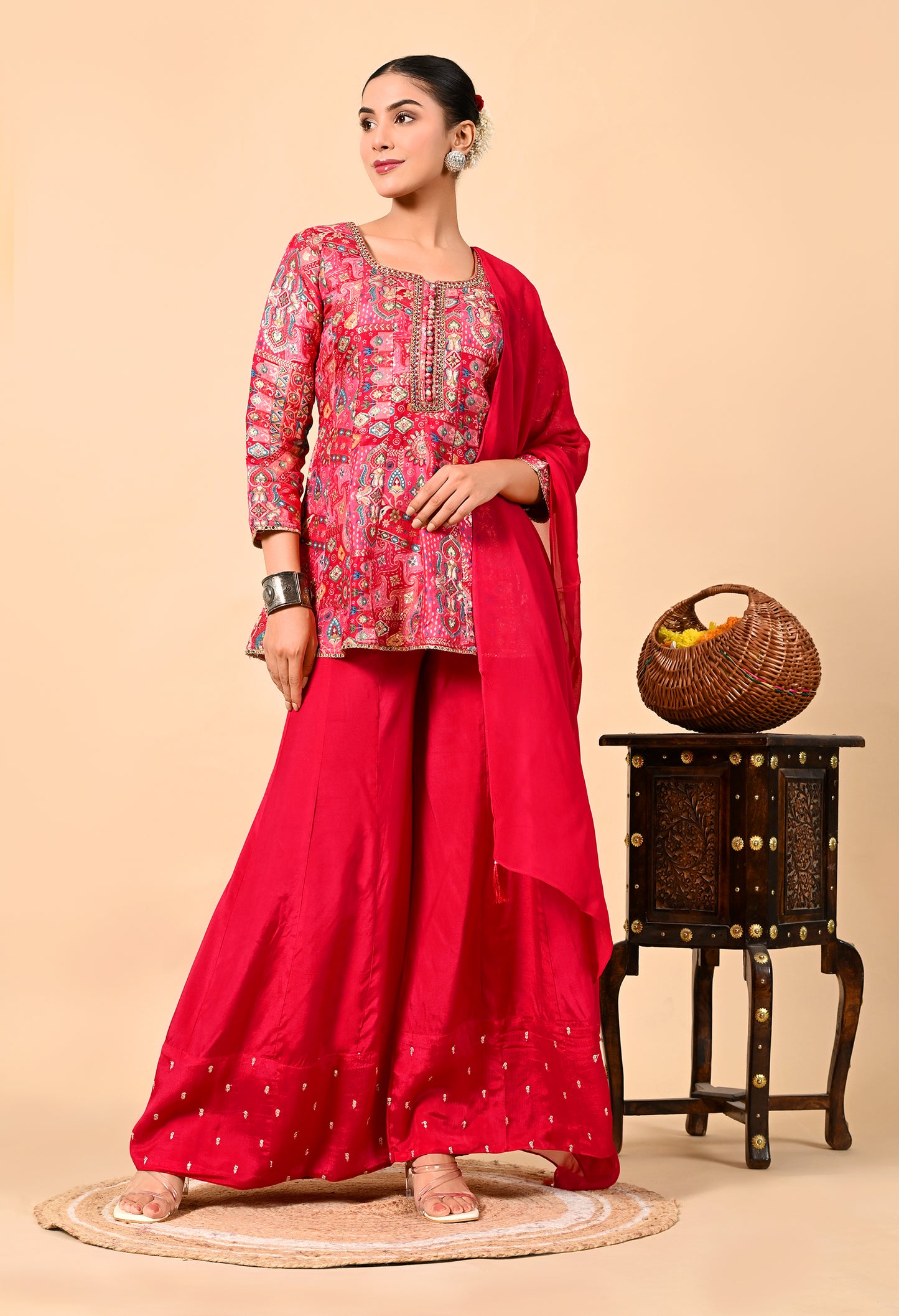 Reddish Pink Sharara Set with Peplum on Kurta and Thread Work