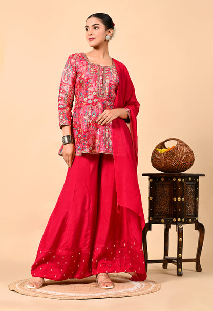 Reddish Pink Sharara Set with Peplum on Kurta and Thread Work