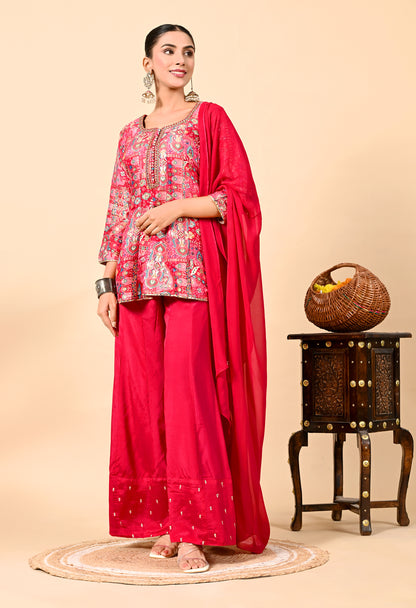 Reddish Pink Sharara Set with Peplum on Kurta and Thread Work