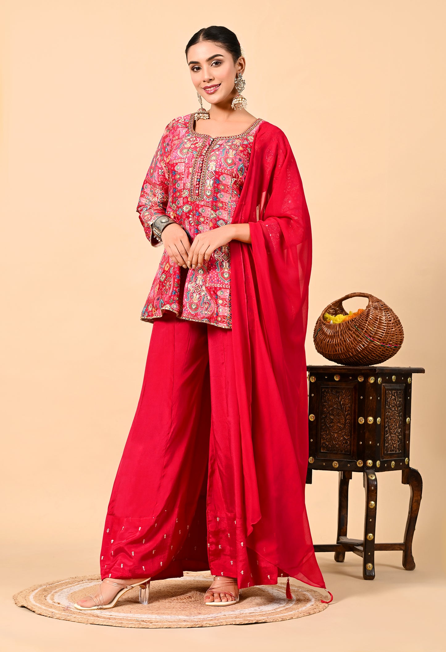 Reddish Pink Sharara Set with Peplum on Kurta and Thread Work