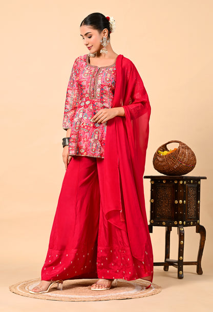 Reddish Pink Sharara Set with Peplum on Kurta and Thread Work