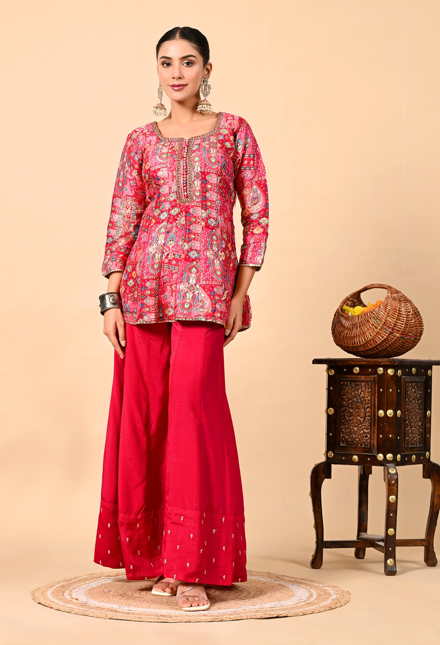 Reddish Pink Sharara Set with Peplum on Kurta and Thread Work