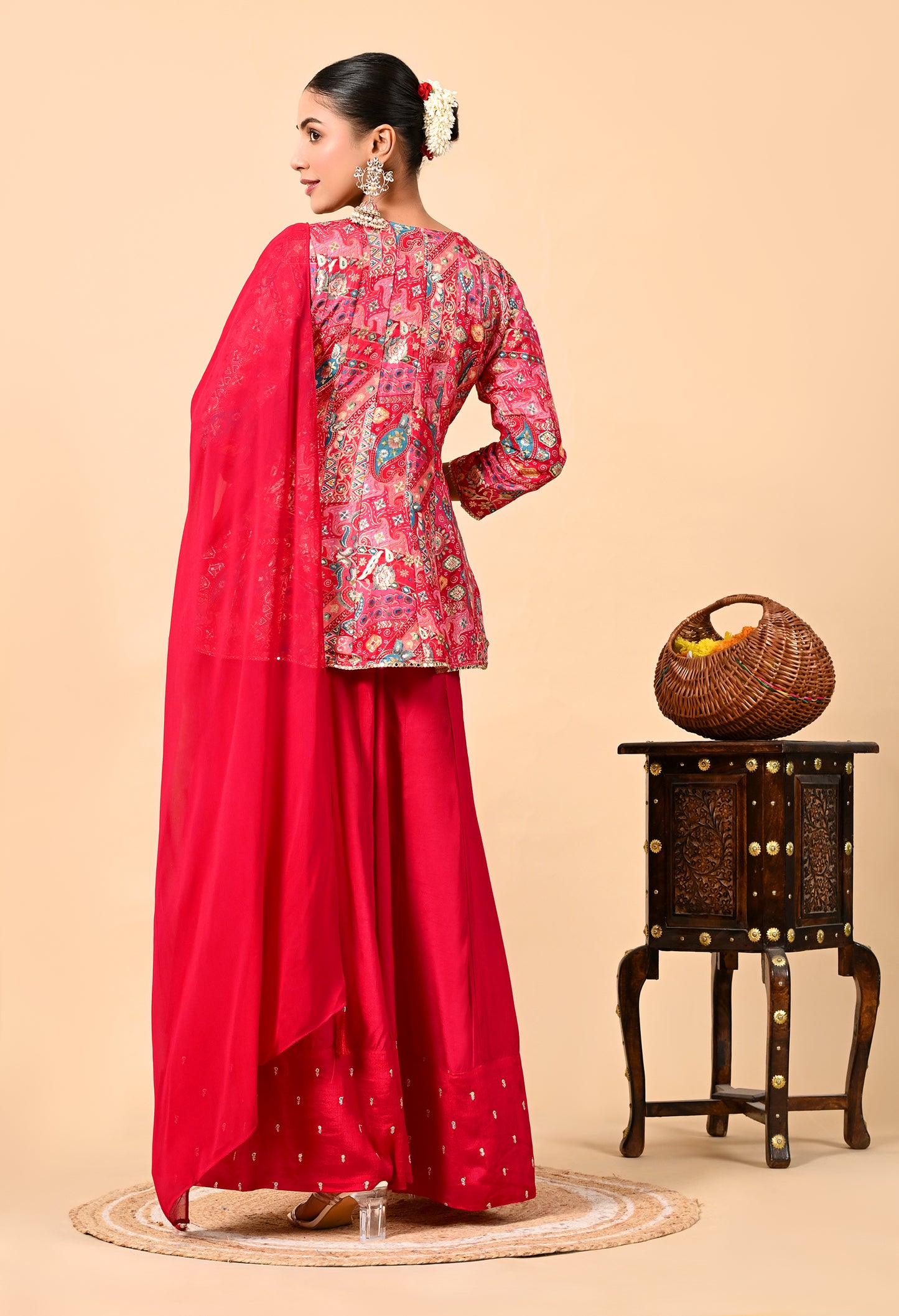 Reddish Pink Sharara Set with Peplum on Kurta and Thread Work