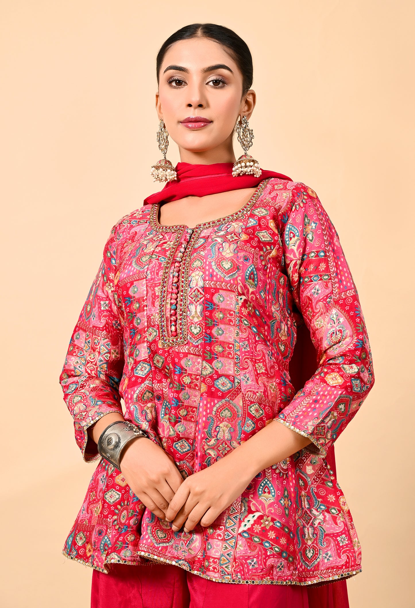 Reddish Pink Sharara Set with Peplum on Kurta and Thread Work