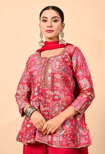 Reddish Pink Sharara Set with Peplum on Kurta and Thread Work