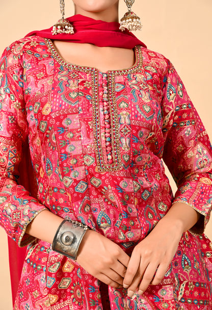 Reddish Pink Sharara Set with Peplum on Kurta and Thread Work