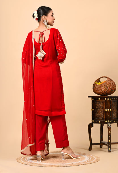 Red Kurta Set with Gotta, Applique, Zardozi, and Sequence Work