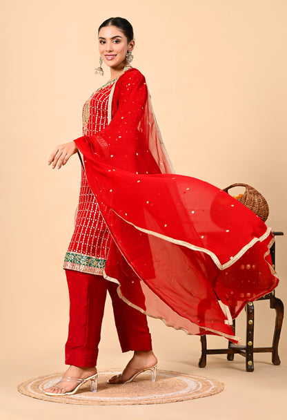 Red Kurta Set with Gotta, Applique, Zardozi, and Sequence Work