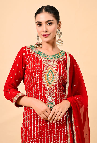 Red Kurta Set with Gotta, Applique, Zardozi, and Sequence Work